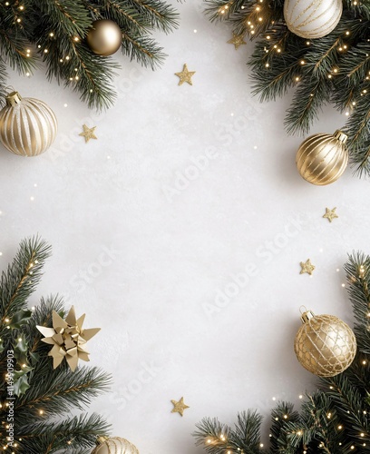 Elegant Christmas Frame with Gold Ornaments and Fir Branches