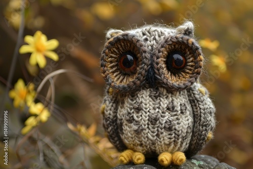 Adorable handmade knitted owl toy perched on a rock, enjoying the warm autumn colors of nature photo