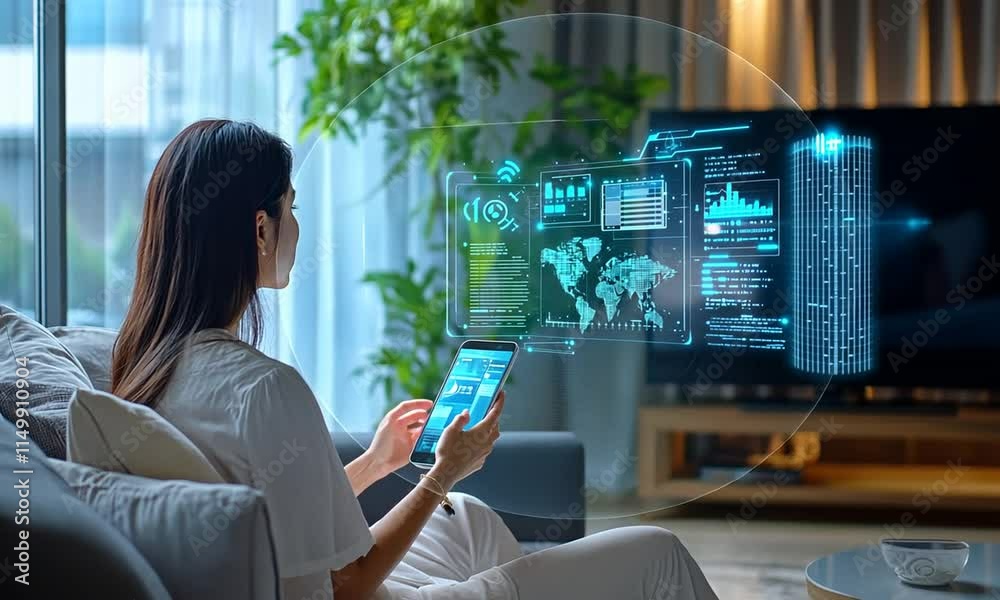 Young woman using smartphone and interacting with digital holograms while sitting on a couch in modern living room with plants and smart TV displaying data analytics