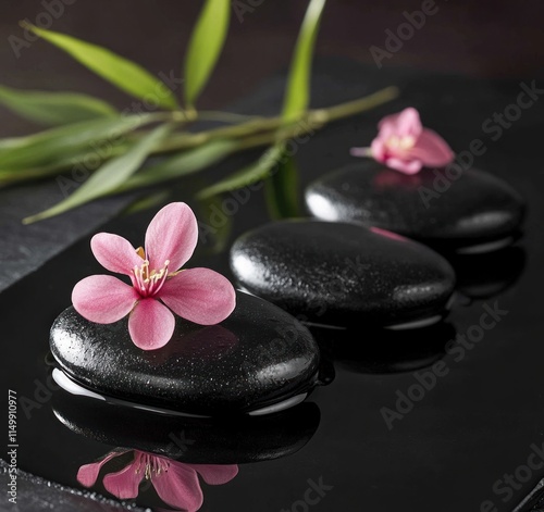 Zen stones, pink flowers, reflection, spa.