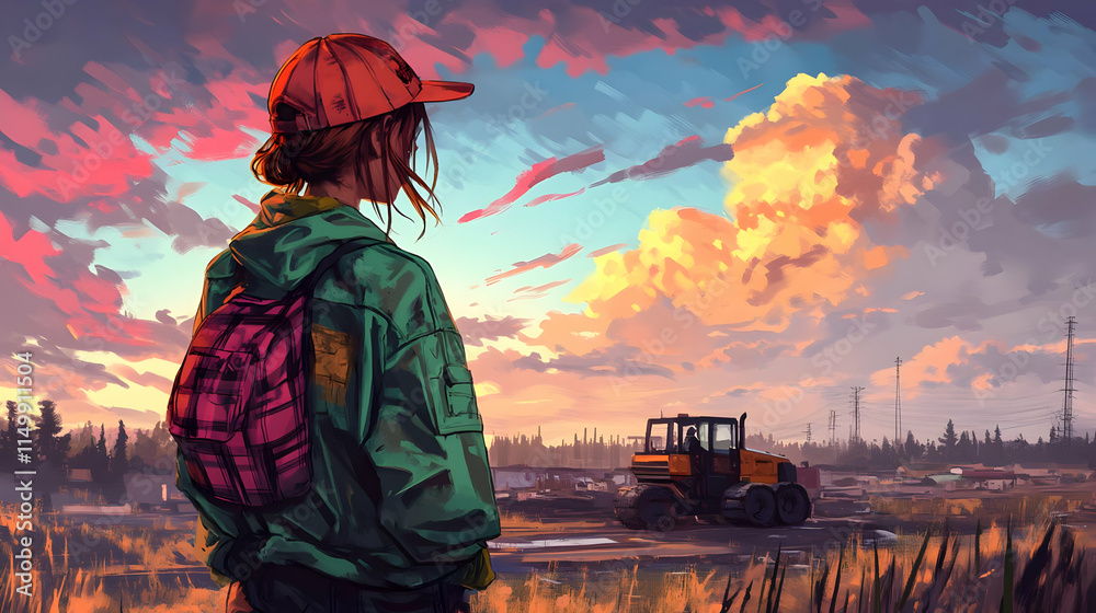 Fototapeta premium Sunset Landscape Illustration: Girl Watching Tractor