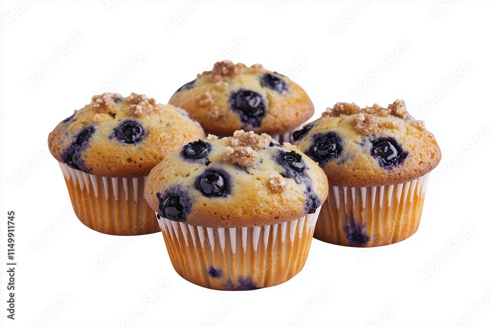 Four blueberry muffins with walnuts on a white background, breakfast ideas Four blueberry muffins with walnuts on a white background, breakfast ideas