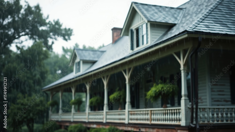 Rain-soaked Porch of a Large Victorian Style Home Rain-soaked Porch of a Large Victorian Style Home