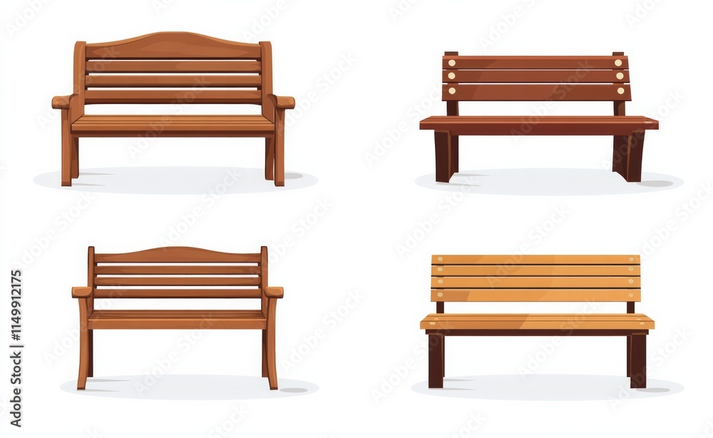 Designs of wooden garden benches, flat design, white background. Designs of wooden garden benches, flat design, white background.