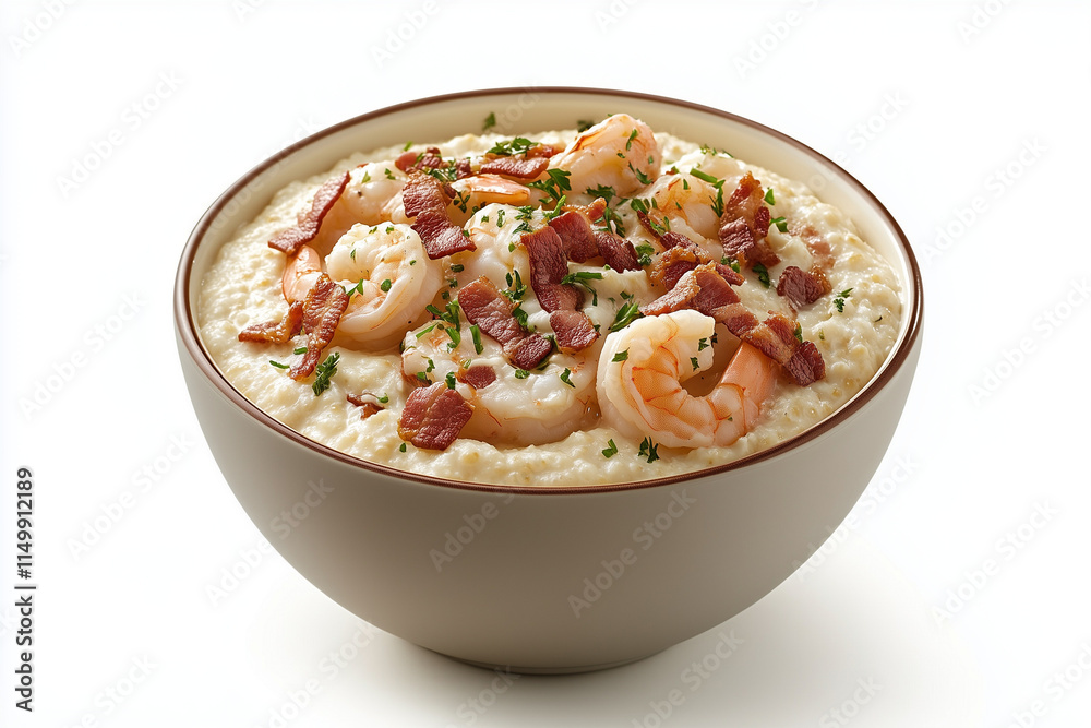 A delicious bowl of shrimp and bacon grits displayed on a white background A delicious bowl of shrimp and bacon grits displayed on a white background