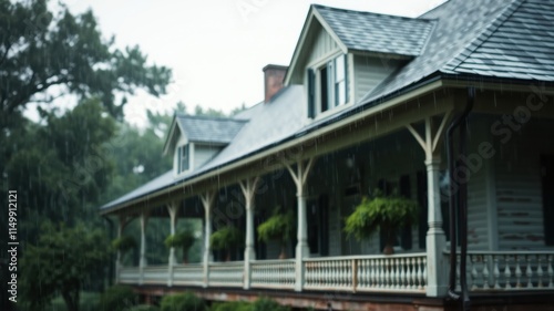 Rain-soaked Porch of a Large Victorian Style Home