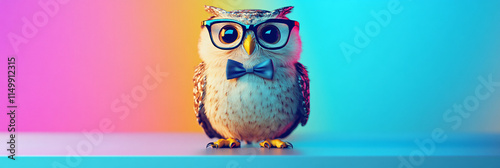 A stylish owl wearing glasses and a bow tie, perched on a sleek desk, with vibrant colors representing wisdom and calculated moves in business.   photo