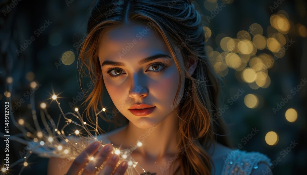 Young woman holding fairy lights in her hands, glowing softly against a dreamy bokeh background Young woman holding fairy lights in her hands, glowing softly against a dreamy bokeh background