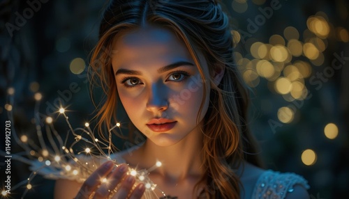 Young woman holding fairy lights in her hands, glowing softly against a dreamy bokeh background photo