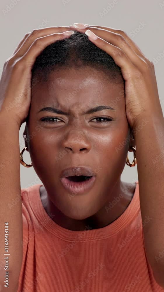 Angry, face and frustrated black woman shouting on studio background ...