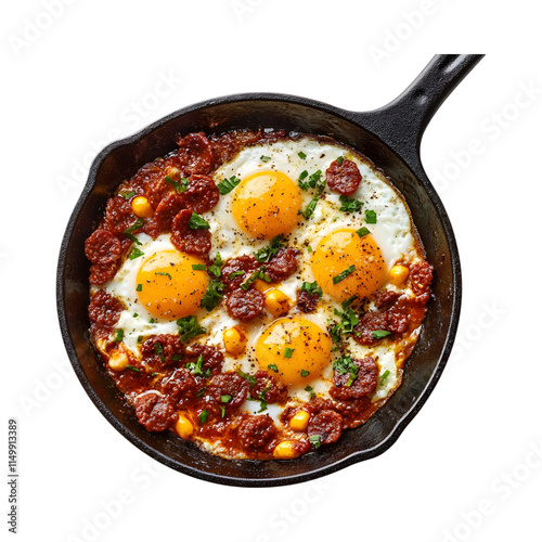 Delicious Chorizo and egg skillet isolated on transparent background