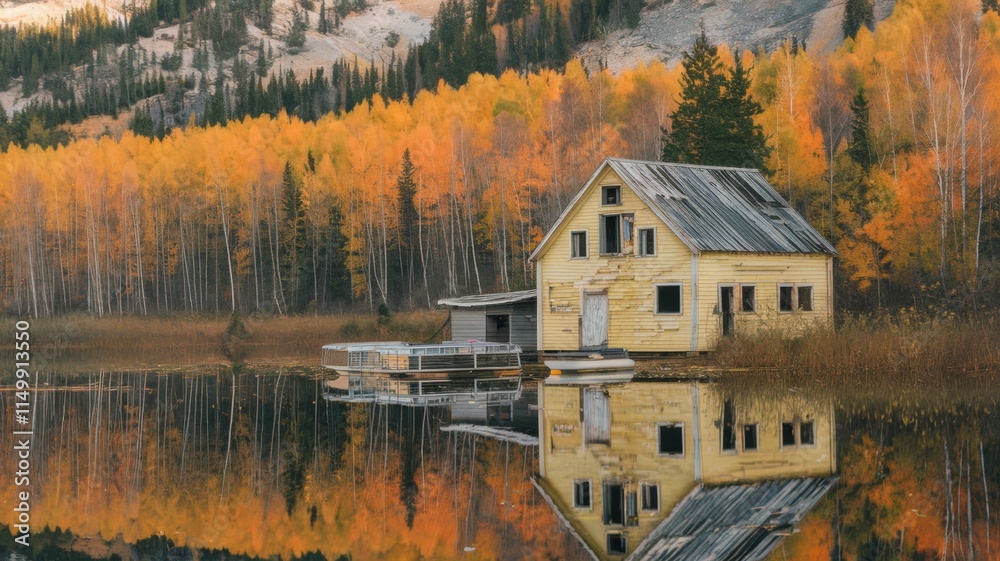 An abandoned wooden house and a pontoon are surrounded by a beautiful autumn orange forest and reflections in the lake. An abandoned wooden house and a pontoon are surrounded by a beautiful autumn orange forest and reflections in the lake.