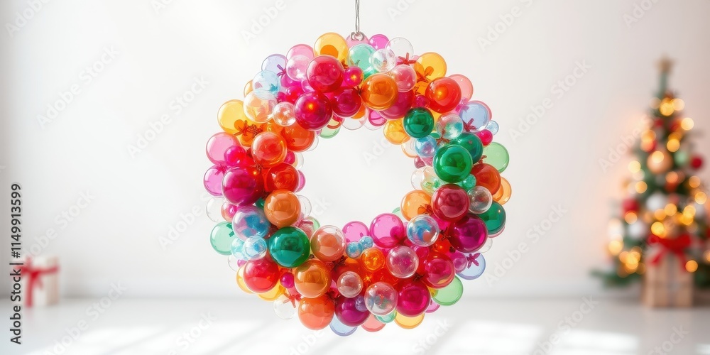 A vibrant, multicolored glass ball wreath hangs in a bright room, with a softly-lit Christmas tree in the background.
