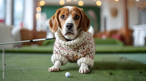 Beagle Golfer Playing Mini Golf in Studio Setting photo