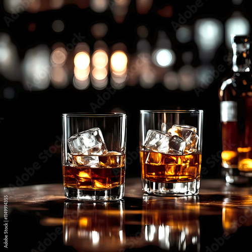 Glass of whiskey with ice cubes on a reflective surface. photo