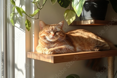 A content orange cat enjoys the warm sunlight while lounging on a wooden shelf, surrounded by vibrant green plants in a sunny room. Generative AI photo