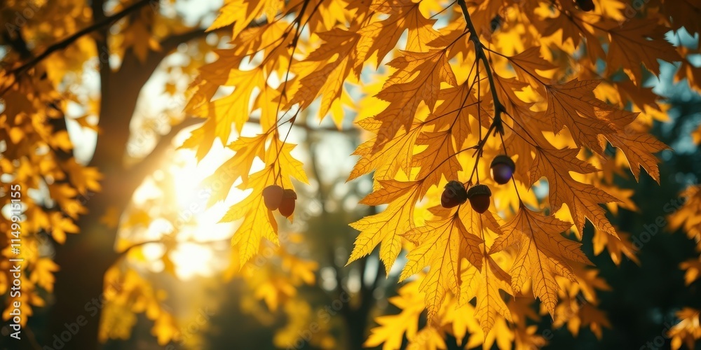 Golden Autumn Leaves and Acorns Basking in Sunlight's Embrace Golden Autumn Leaves and Acorns Basking in Sunlight's Embrace