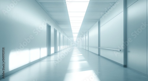 Sterile, bright hospital corridor with doors and sunlight.