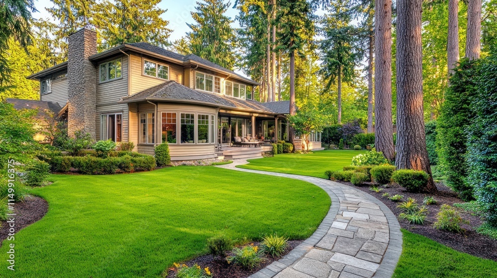 Fototapeta premium Luxurious Home Backyard Landscape Design Featuring Stone Pathway