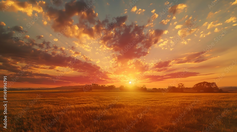 Fototapeta premium Dramatic clouds and vibrant colors during a sunset over a rural farm.
