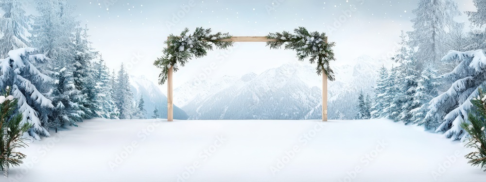 Fototapeta premium A snowy mountain wedding backdrop with a cozy rustic feel.