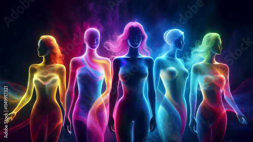 Abstract human figures made of flowing light trails, energetic imagination, colorful conceptual art photo