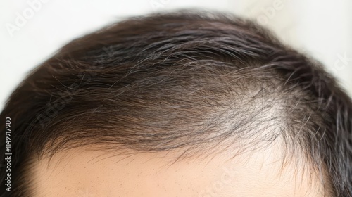 Close-up front view of a man with hair loss and thinning on the crown, a candid look at the reality of hair loss.