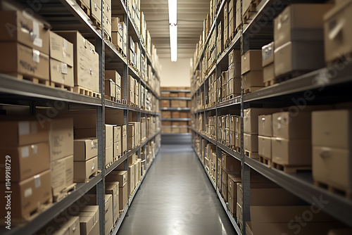 Extensive Warehouse Inventory Rows of Cardboard Boxes Storage Facility Rows of Shelving Units Filled with Merchandise photo