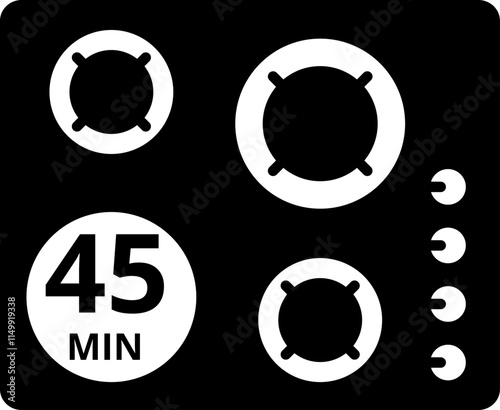 Cooking time and pot icon set. Cook for 1, 2, 5, 10, 15, 20, 25, 30, 40, 45, 50, 60 minutes vector icon.