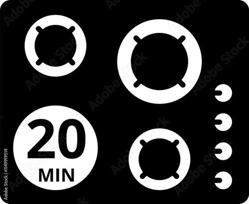 Cooking time and pot icon set. Cook for 1, 2, 5, 10, 15, 20, 25, 30, 40, 45, 50, 60 minutes vector icon.