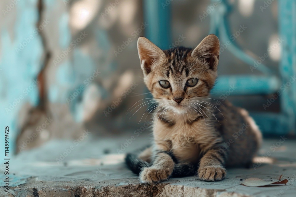 Small tabby kitten resting on a stone surface in front of a blurred background Small tabby kitten resting on a stone surface in front of a blurred background