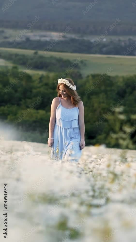 Young woman wearing blue dress posing in fields with daisies flowers Young woman wearing blue dress posing in fields with daisies flowers