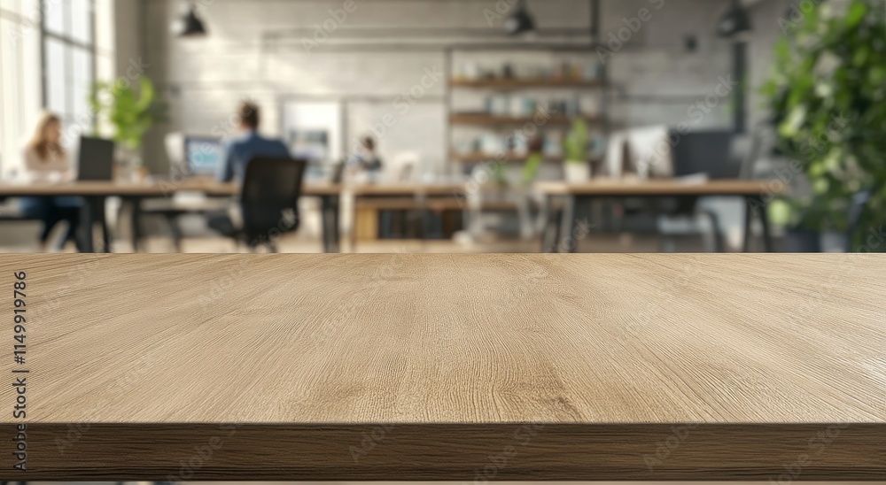 Wooden table in blurred modern office.