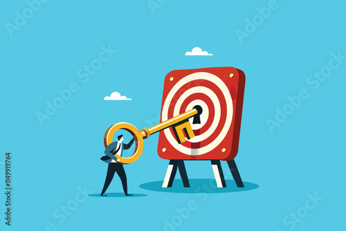 Unlocking Success, A Businessman Aligns the Golden Key with the Bullseye