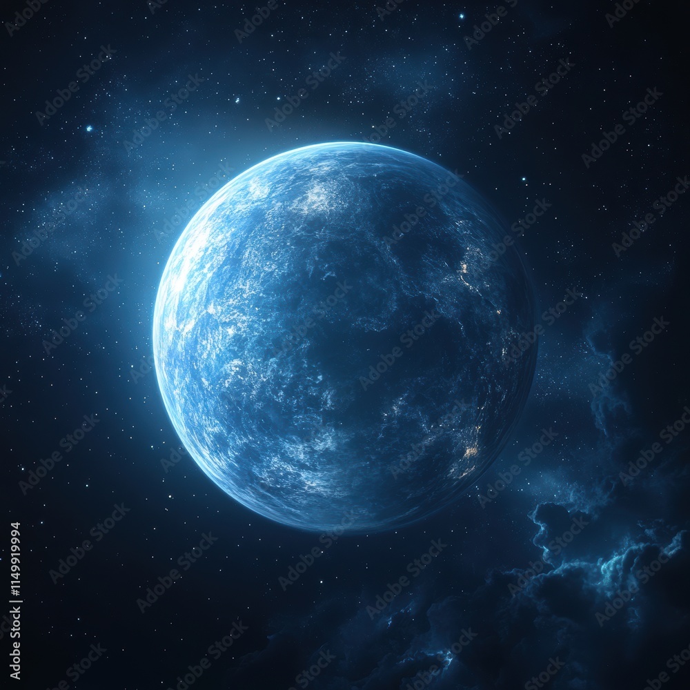 Fototapeta premium A breathtaking depiction of a serene blue planet amidst a backdrop of twinkling stars and swirling cosmic clouds, showcasing the vastness and beauty of the universe.