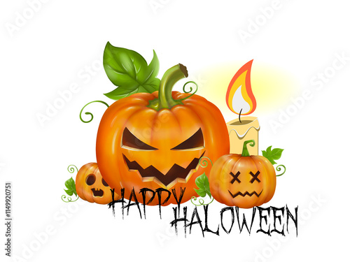 Calabazas, Feliz halloween. - Pumpkins, Happy Halloween. (White background) photo