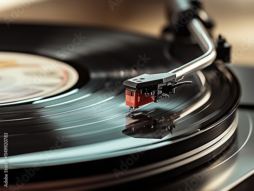 Spinning vinyl record on a turntable with a stylus in motion in a cozy listening room