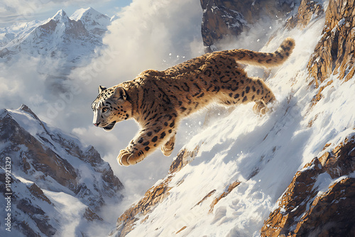 Majestic Snow Leopard Leaping Across Snowy Himalayan Peaks: A Breathtaking Wildlife Encounter in the Mountains photo