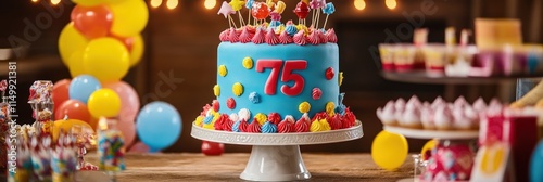 Seventy five birthday cake with colorful decorations photo