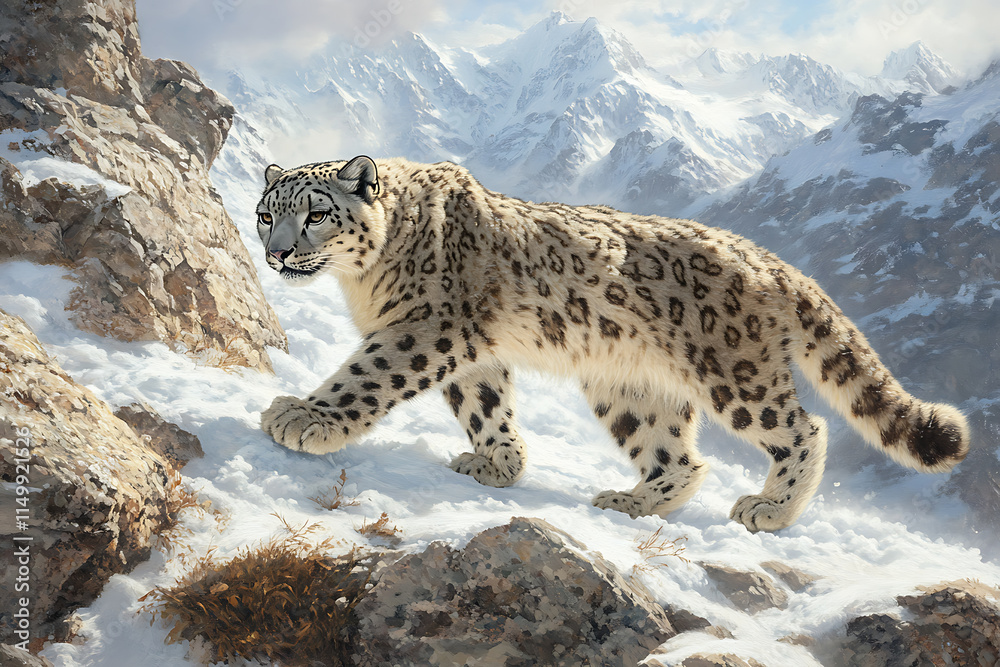 Majestic Snow Leopard Prowling Snowy Mountain Peaks: A Breathtaking Wildlife Scene Majestic Snow Leopard Prowling Snowy Mountain Peaks: A Breathtaking Wildlife Scene