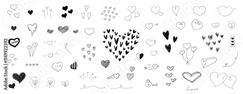 手書きのハートイラストコレクション。かわいい漫画エフェクトのアイコンセット。バレンタインイメージの落書き。
