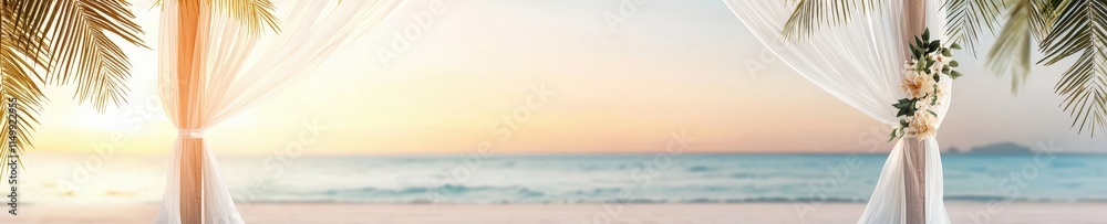 Fototapeta premium A sunrise over the ocean wedding backdrop with soft golden hues.