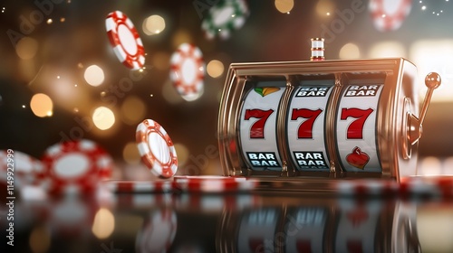 A slot machine with spinning reels and poker chips on a blurred background.