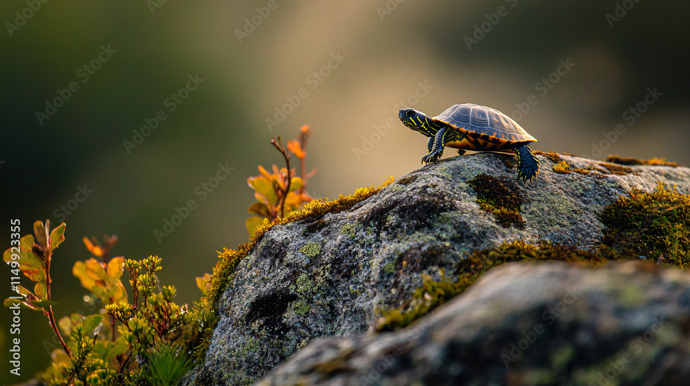 A tiny turtle slowly moving across a granite rock, with lichen-covered surfaces glowing under the soft morning light, and fog gently diffusing the atmosphere. A tiny turtle slowly moving across a granite rock, with lichen-covered surfaces glowing under the soft morning light, and fog gently diffusing the atmosphere.