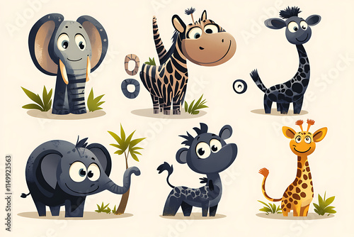 Wallpaper Mural Adorable Cartoon African Animals Illustration: Elephants, Zebras, and Giraffes in Playful Poses Torontodigital.ca