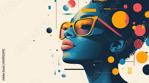 Stylish woman portrait with abstract geometric shapes and vibrant colors.