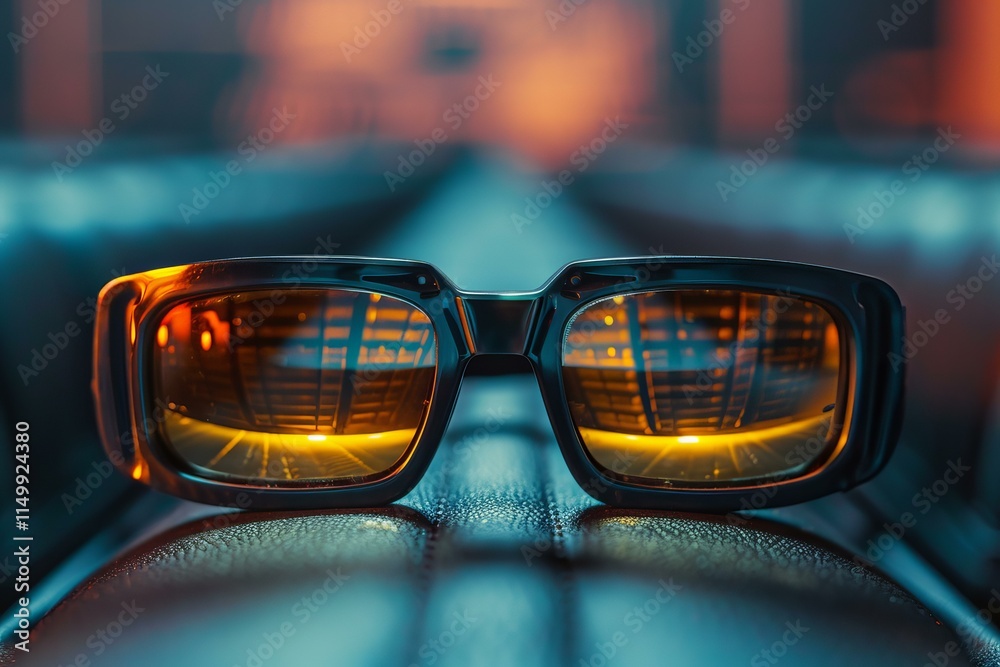 Stylish sunglasses reflecting warm light source in a blurred interior setting, creating a cool and fashionable atmosphere Stylish sunglasses reflecting warm light source in a blurred interior setting, creating a cool and fashionable atmosphere