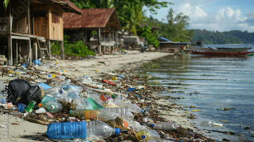 Wallpaper Mural Beach Shoreline Littered with Plastic Bottles and Bags Highlighting Pollution Issues Torontodigital.ca