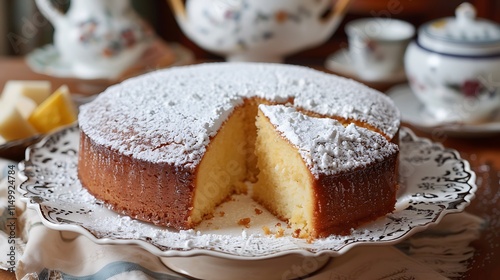 A classic cake called vasilopita is served alone on a platter with sugar