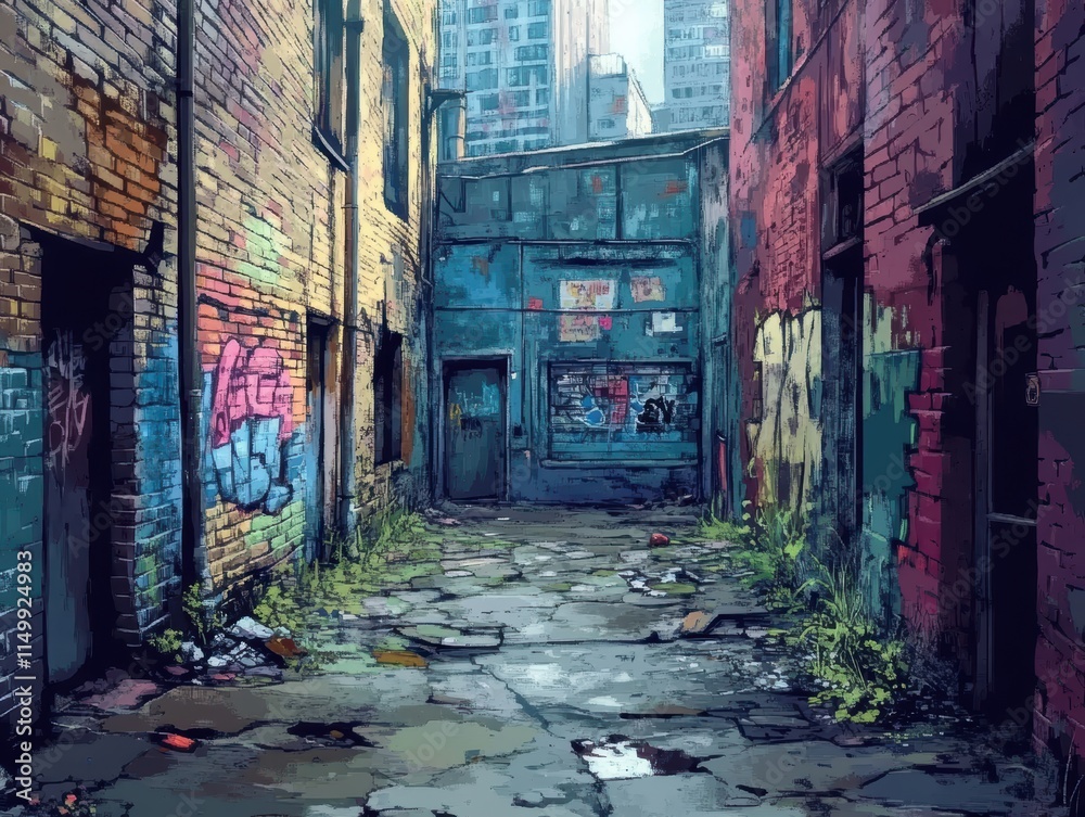 Fototapeta premium Urban Alleyway with Graffiti and Overgrown Vegetation Leading to Skyscrapers in the Distance Under a Cloudy Sky in a Metropolis Setting